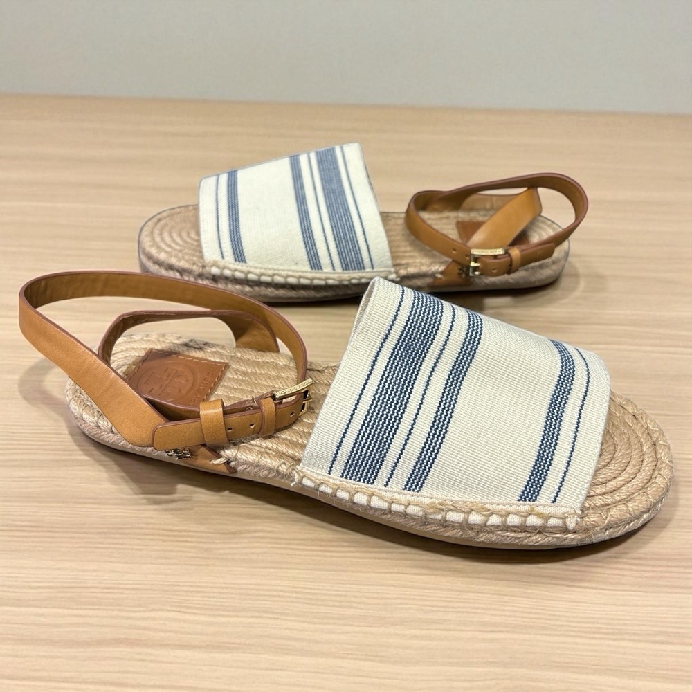 Tory Burch Espadrille Awning Sandals Size 8.5‎ Ivory/Blue Canvas Summer Chic